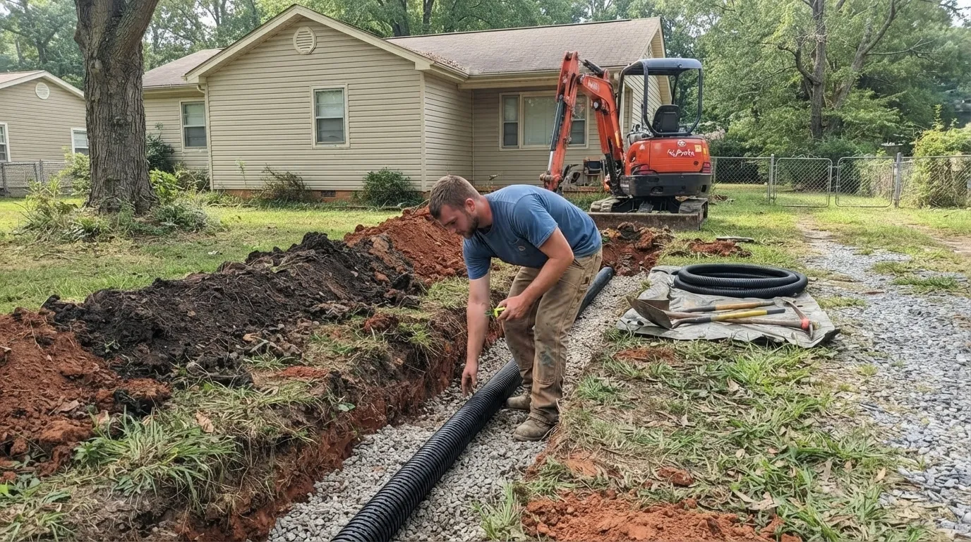 A technician laying black perforated drain field pipe into a gravel-bedded trench beside a mini excavator, with a coil of spare pipe and hand tools on a tarp and fresh spoil banked along the trench