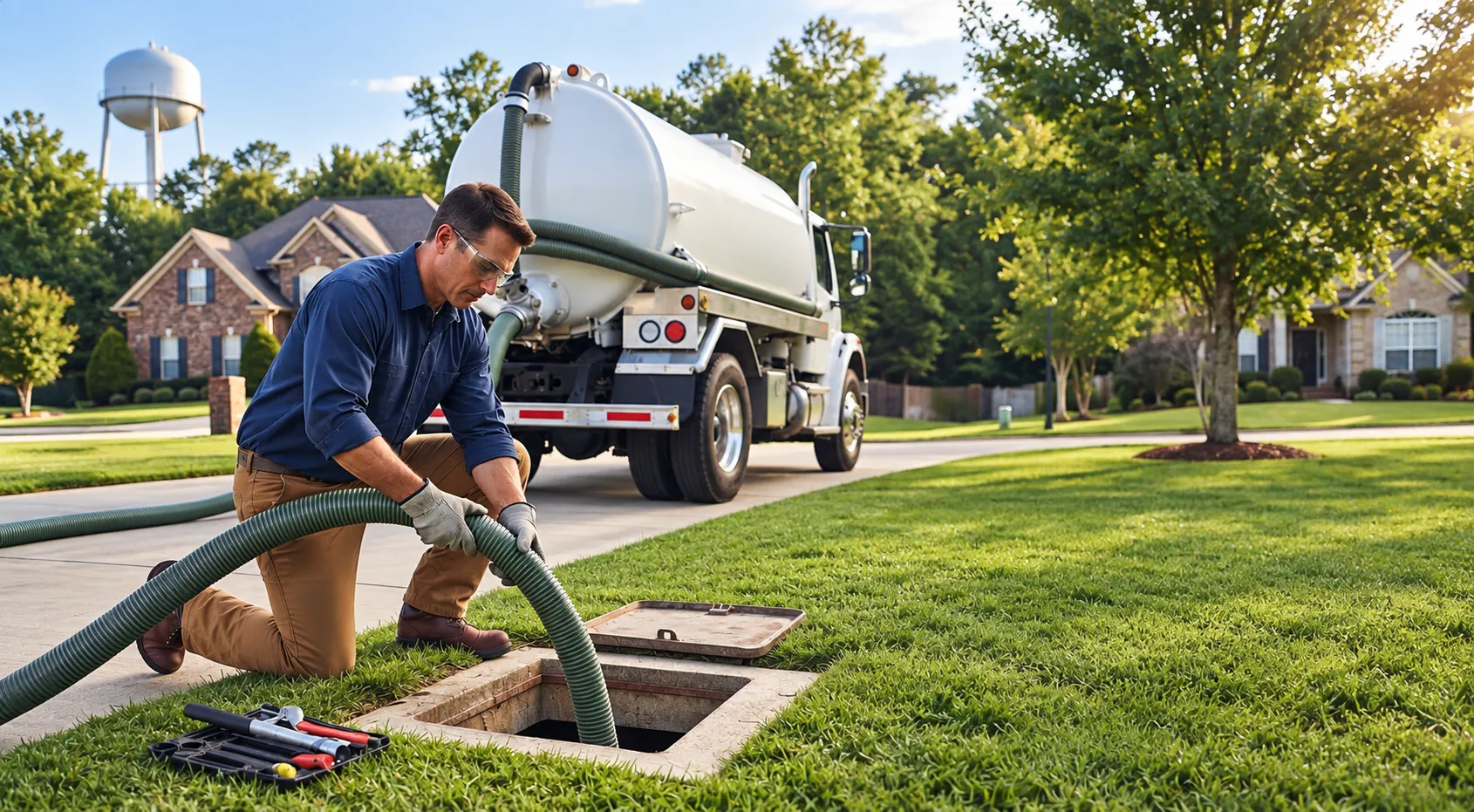 A technician kneeling beside an open septic tank lid on a suburban lawn, running a suction hose from a white vacuum tanker parked on the driveway behind him