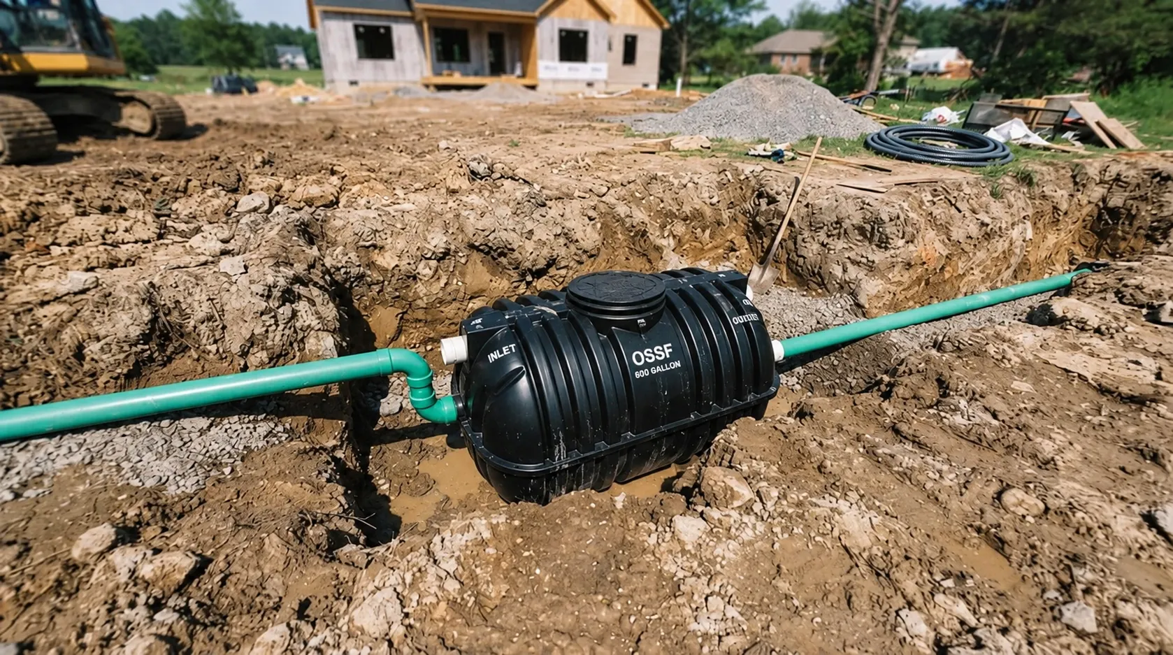 A new polyethylene septic tank bedded in an open excavation with green PVC inlet and outlet lines connected, an excavator and a gravel pile behind it, and a house under construction in the background