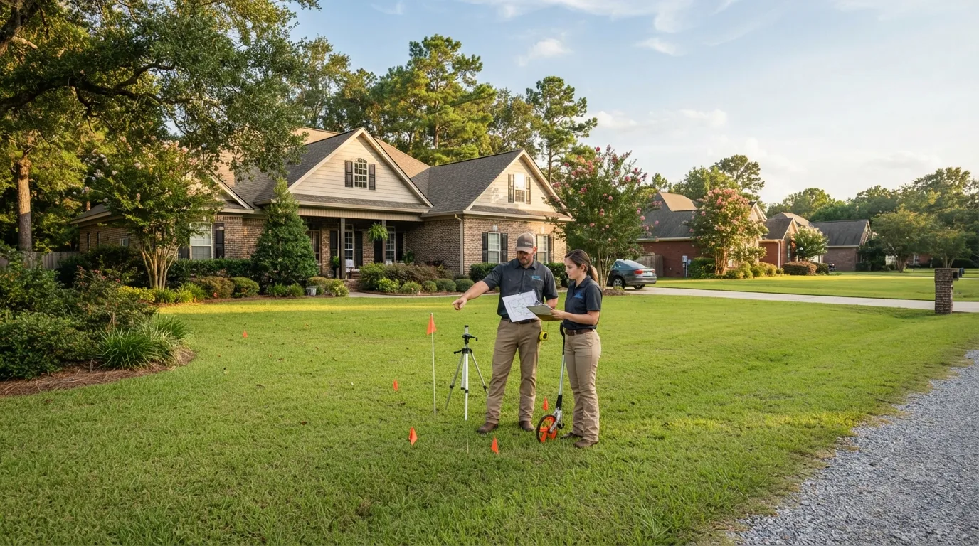 Two technicians running a site evaluation on a front lawn — survey flags and a tripod level set out across the grass, a measuring wheel in hand and a site plan on a clipboard between them