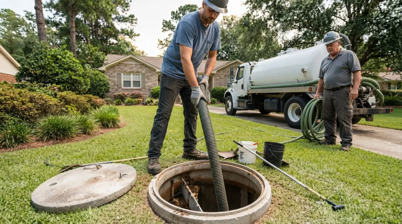 A technician feeding a vacuum hose into an open concrete septic tank riser on a front lawn, the lid levered aside beside him, while a second technician works at the hose reel of a white vacuum tanker parked on the driveway