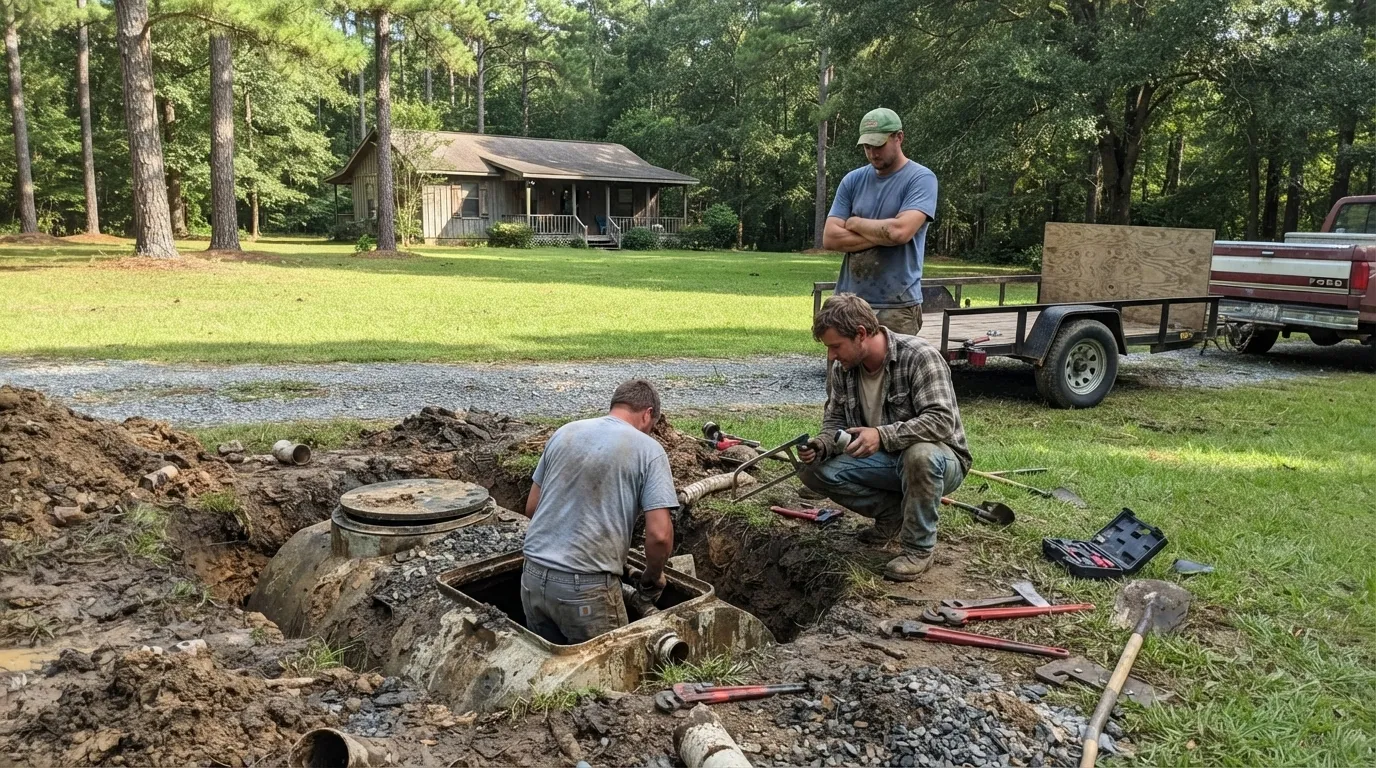 Three technicians working on an excavated septic tank at a rural home, one reaching into the opened tank while another cuts pipe on the bank, with the concrete lid set aside and a truck and trailer on the drive behind